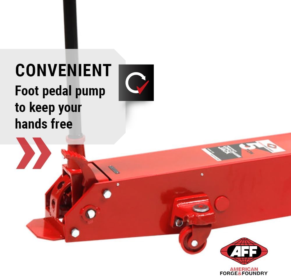 AFF 10 Ton Air Hydraulic Long Chassis Jack - for Long Overhang Vehicles | 10 T Floor Jack with Foot Pump & 3-Position Lock Handle - Ideal for Repair Shops, Bus & Truck Fleets, Heavy Duty Equipment