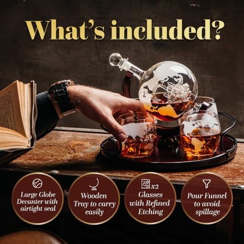 Kemstood Whiskey Decanter Sets for Men - Etched World Globe Design with Wood Stand & 2 Glass - Ideal for Dignified Drinking, Home Decor - Unique Whiskey Gifts for Men - 28 oz / 850 ml Capacity