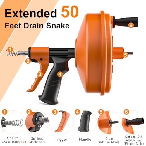 【2026 Upgraded】50 FT Drain Snake, Plumbing Snake Drain Auger Hair Clog Remover, Flexible Plumbing Snake Use Manually or Powered for Kitchen