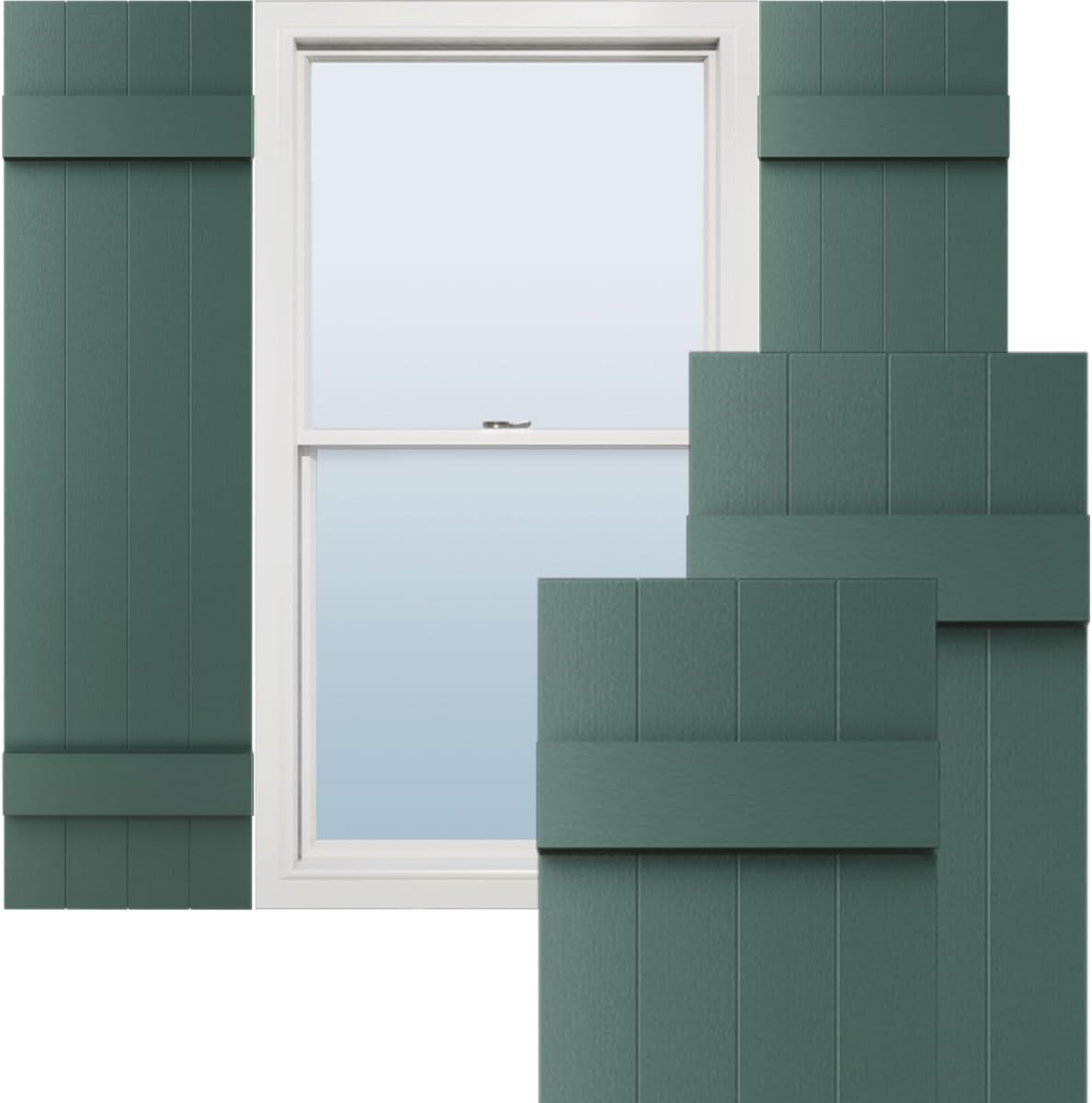14"W x 59"H Lifetime Vinyl, Standard Four Board Joined, Board-n-Batten Shutters, w/Installation Shutter-Lok's & Matching Screws (Per Pair), Forest Green