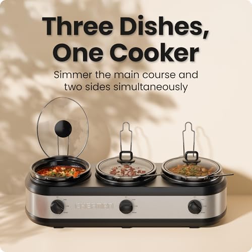 Chefman Triple Slow Cooker & Food Warmer, Three Crock Slowcooker with 2.5 Qt. Ceramic Crocks, 7.5-Quart Total Capacity, PFAS-Free, Three Temperature Settings, Dishwasher-Safe Parts – Stainless Steel