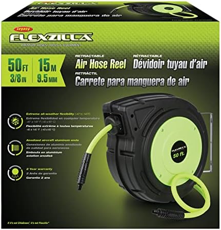 Flexzilla Retractable Enclosed Plastic Air Hose Reel, 3/8 in. x 50 ft., Heavy Duty, Lightweight, Hybrid, ZillaGreen - L8250FZ