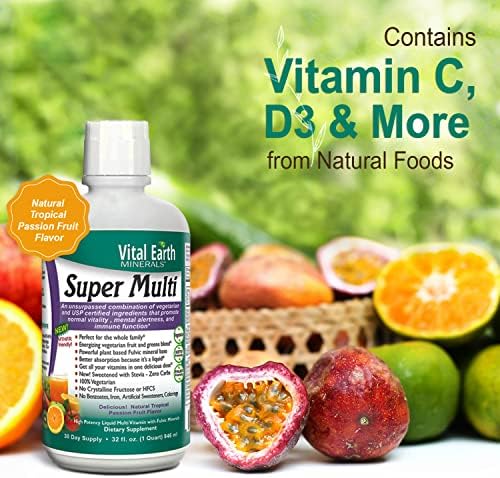 Vital Earth Minerals Super Multi – Liquid Multivitamins for Women, Men & Kids, Liquid Vitamins with Fulvic Acid for Better Absorption, MTHFR Support, 32 Oz + 1 Oz Cup