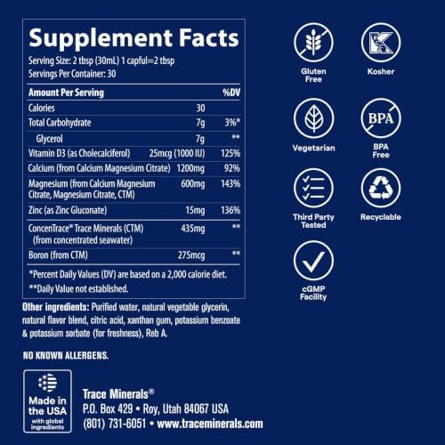 Trace Minerals Liquid Cal Mag Zinc with Vitamin D3, 16 fl oz, Pina Colada | Ionic trace minerals for absorption, Bone, muscle, and connective tissue health, 1-2 tbsp daily, Refrigerate after opening