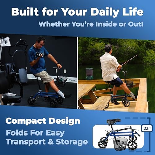 KneeRover Steerable Seated Scooter Mobility Knee Walker, Blue | Sitting Scooter with Leg Rest, Comfortable Gel Seat