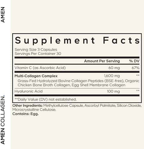 Amen Multi Collagen Peptides Supplement, Hyaluronic Acid, 90 Capsules | Hydrolyzed Type I, II, III, V & X. Bovine, fish, chicken