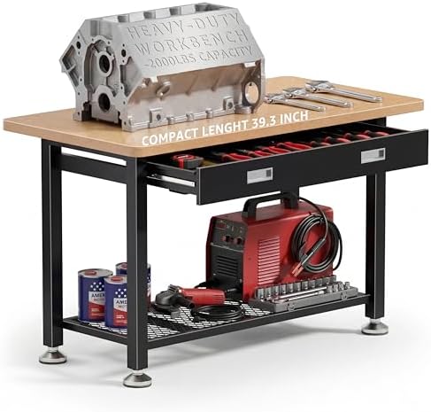 39.4" Workbench with Drawer and Pegboard - Heavy Duty Steel Garage Work Table, Small Tool Bench for Workshop, Woodworking, Crafting & Repair