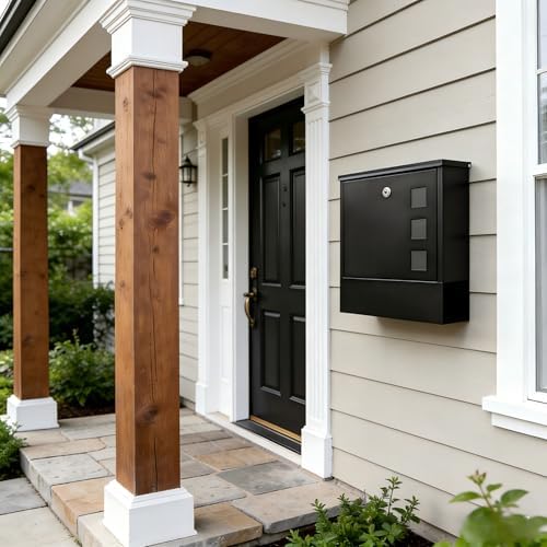 KYODOLED Mailbox for Outside, Wall Mount Locking Mailbox, Security Drop Box with Key Lock for Letters, Cash, Cards, Steel Mail Box for House Office School, 12.4H x 8.54L x 3.35W Inches, Black