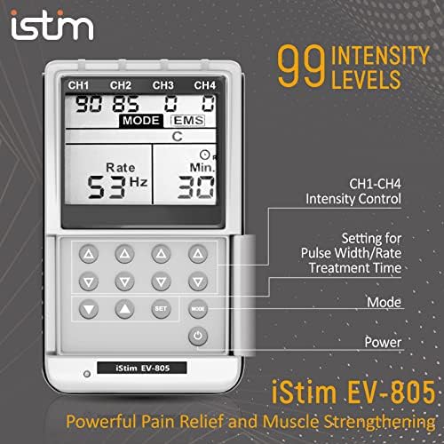iSTIM EV-805 TENS EMS 4 Channel Rechargeable Combo Machine Unit - Muscle Stimulator + Back Pain Relief and Management- 24 Programs/Backlit