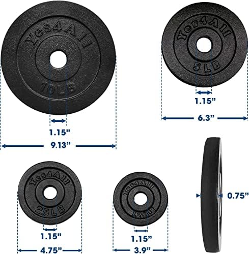 Yes4All Cast Iron Weight Plates, 1.15-Inch Standard Hole Weight Plate Set of 4 & 8, Fits Dumbbell Handles for Strength Training