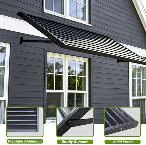 75.2" W x 32" H Black Aluminum Bahama Shutter Window Awning, Exterior Fixed Metal Louvered Canopy Sun Shade Rain Shelter for Doors, Windows, Entryway