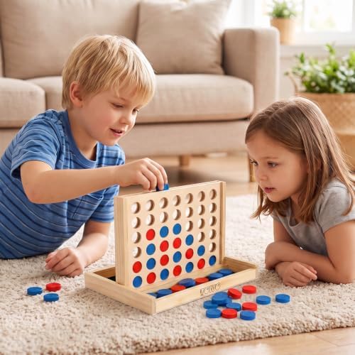TOWO Wooden 4 in a Row Game, Classic Strategy Board Game for Kids
