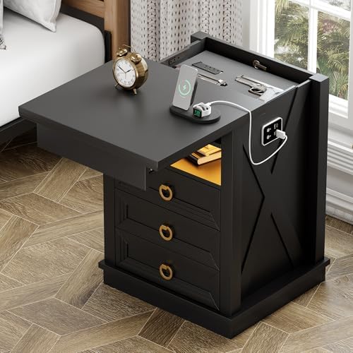 Farmhouse Nightstand with Lockable Hidden Drawer, Human Sensor LED Bedside Table with LED Lights & Charging Station, Rustic Wood Sofa Side End Table with 3 Drawers for Bedroom (Black)
