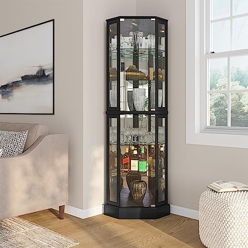 BELLEZE Lighted Corner Display Curio Cabinet Wooden Curved Shelving Unit with Tempered Glass Door
