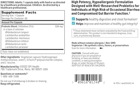 Klaire Labs SFI Health Ther-Biotic Factor 6 Probiotic, 60 Capsules | Supports Immune, Digestive & Colon Health, Ultra-Strength 100 Billion CFU Probiotics for Men & Women, Hypoallergenic