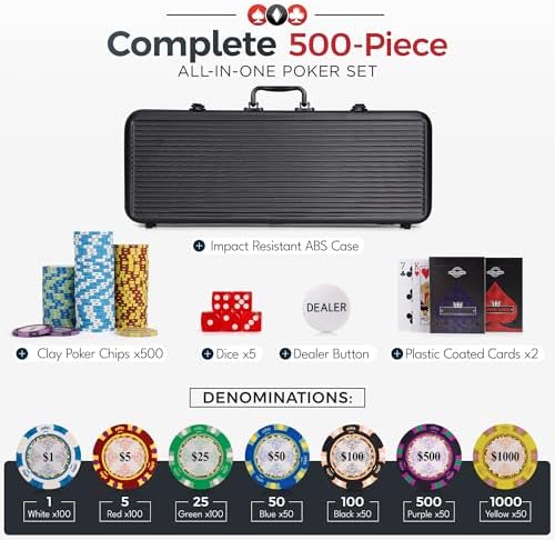 Versa Games Poker Chip Set - Casino Grade 13.5g Poker Chips, 7 Color Chip Denomination - 2 Decks of Cards, Dice