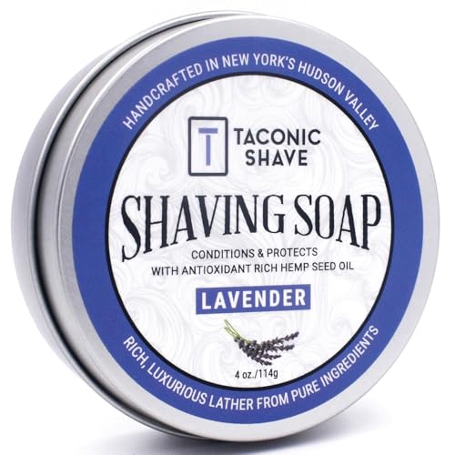 Taconic Lavender Natural Shaving Soap Puck, Rich Lather | Calming lavender aroma pairs with moisturizing natural oils to build rich protective lather for a comfortable wet shave.