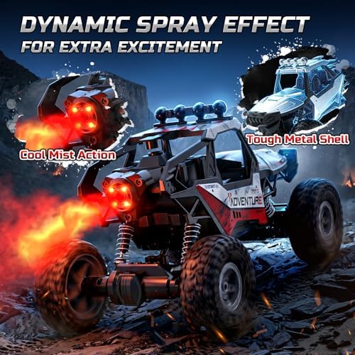 DEERC DE125 1:14 RC Car for Kids,4WD Remote Control Off-Road Monster Truck | RC Rock Crawler with Mist Spray,Metal Shell, LED Lights, 2.4GHz All-Terrain Car, 2 Batteries, Gifts for Beginners and boys