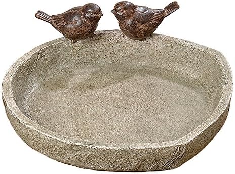 Bird Bath with 2 Snails, Off White Stone Finished Basin and Brown, All Weather Poly Resin, 8 1/4 inches Diameter (21cm)