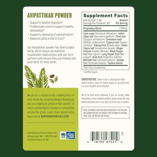 Banyan Botanicals Avipattikar Powder – Organic Digestion Supplement with Ginger, Cardamom & Vidanga ­­– Supports Healthy Stomach Acid Balance* – ½ lb. – Non-GMO Sustainably Sourced Vegan