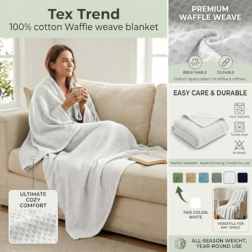Tex Trend 100% Cotton Waffle Weave Blanket Queen Size - Soft, Breathable Cooling Blanket for Bed, Lightweight Cozy Summer & Spring Bedding, Grey, 90x90