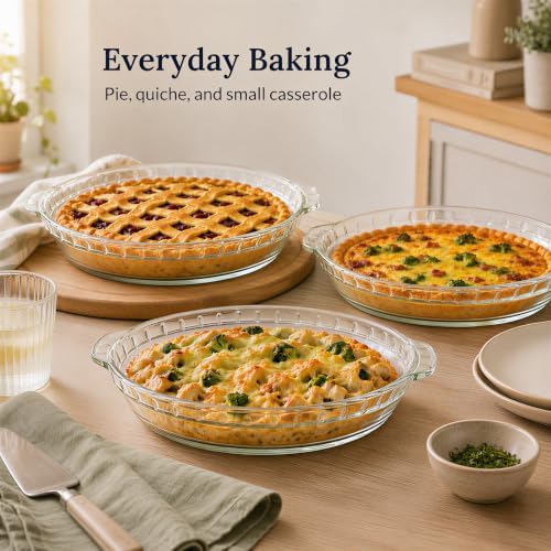 Kingrol 3 Pack Glass Pie Plates with Handles, 9 Inch Pie Baking Dishes
