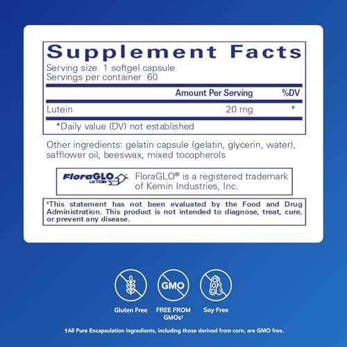 Pure Encapsulations Lutein 20 mg | Hypoallergenic Antioxidant Support for Healthy Visual Function* | 60 Softgel Capsules | Hypoallergenic Antioxidant Support for Healthy Visual Function*, Macular Health