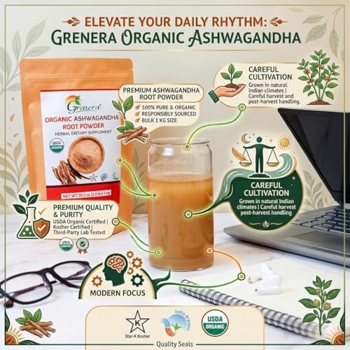 Grenera Organic Ashwagandha Root Powder | 2.2 lbs (1 kg) | USDA Organic, Vegan, Kosher Certified | Non-GMO, Gluten Free | Ashwagandha Powder for Smoothies, Drinks, Recipes | Lab Tested