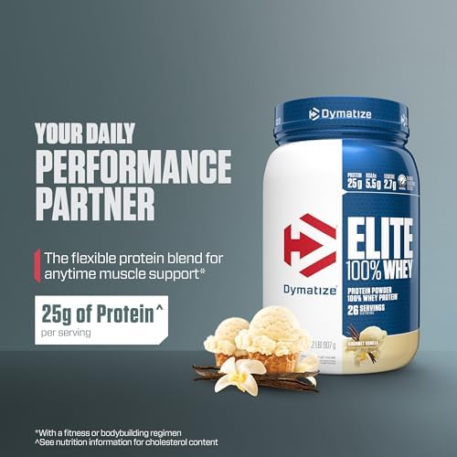 Dymatize Elite 100% Whey Protein Powder, L-Leucine, Quick Absorbing & Fast Digesting for Optimal Muscle Recovery, Gourmet Vanilla, 32 Oz