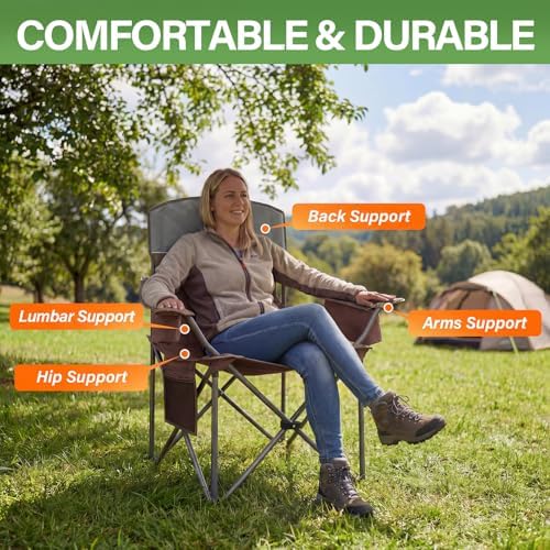 Oversized Camping Chairs 2 Pack - Heavy Duty 400LBS Padded Lawn Chair with Cooler Bag,Cup Holder,Side Pocket,Collapsible for Outdoor,Camp,Fishing & Garden,Dark Green