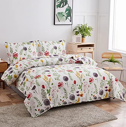 Ycosy Floral Quilt Set Full/Queen Size Reversible Flower Bedspread Queen Summer Lightweight Quilt Bedding Purple Floral Quilts Green Leaves Coverlet