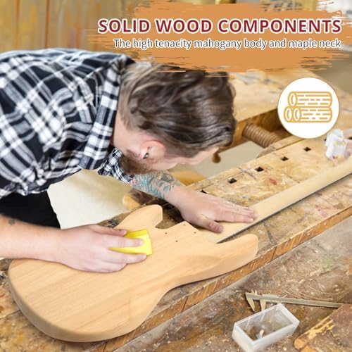 Ktaxon DIY Electric Guitar Kit, 44Inch DIY Bass Guitar Kit (KIB) | Mahogany Body, Solid Wood Fingerboard and Maple Neck, Easy Installation & All Accessories Included to Build Your Own Guitar