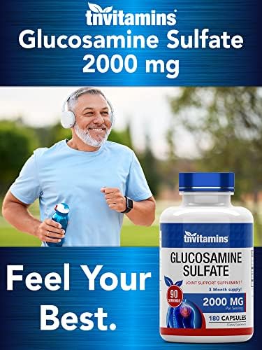 tnvitamins Glucosamine Sulfate Capsules 2000 MG (180 Count) | Joint Support* Supplement for Women & Men | Produced in The USA | Promotes Flexibility