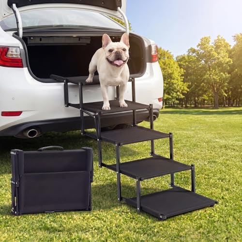 Dog Ramp for Car, Foldable 5-Step Dog Stairs for Small Dogs, 150 Lbs | Non-Slip Oxford Surface, Sturdy Steel Frame, Anti-Scratch Handle