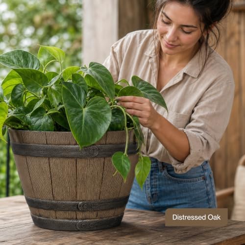 Whiskey Barrel Planter, Wooden Finish Garden Pot, 15” Oak Brown | Stylish Resin Flower Plant Pots, Indoor & Outdoor Planter, Weather-Resistant