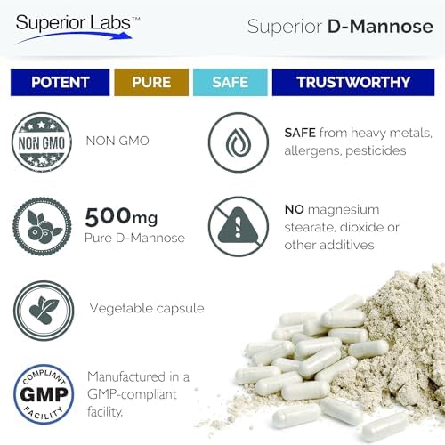 Superior Labs D-Mannose 500 mg, Pure Non-GMO Optimal Absorption Prebiotic, Urinary Tract, Bladder & Kidney UTI Support, Digestive & Liver Health Aid