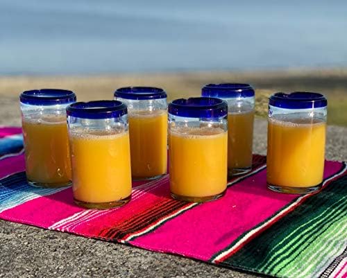 Hand Blown Mexican Drinking Glasses - Set of 6 Juice Glasses with Cobalt Blue Rims (8 oz each)