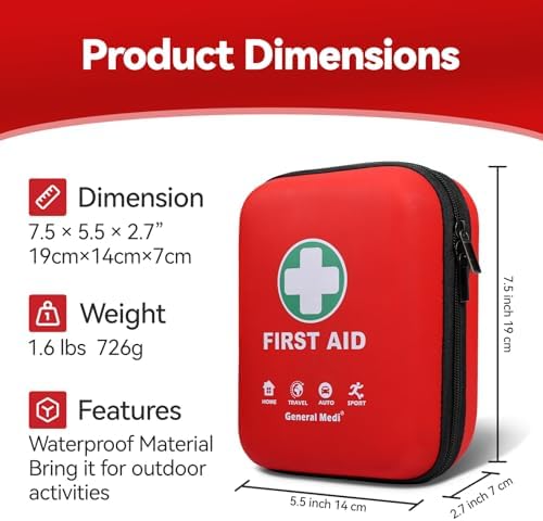 General Medi First Aid Kit - 170 Pieces Hard Case and Lightweight - Great for Travel, Home, Office, Vehicle, Camping, Workplace & Outdoor (Red)
