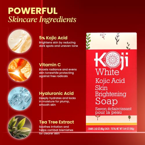 Koji White Pure Kojic Acid Soap | Glycerin Soap Bar for Gentle Skin Brightening and Exfoliation with Tea Tree, Coconut Oil