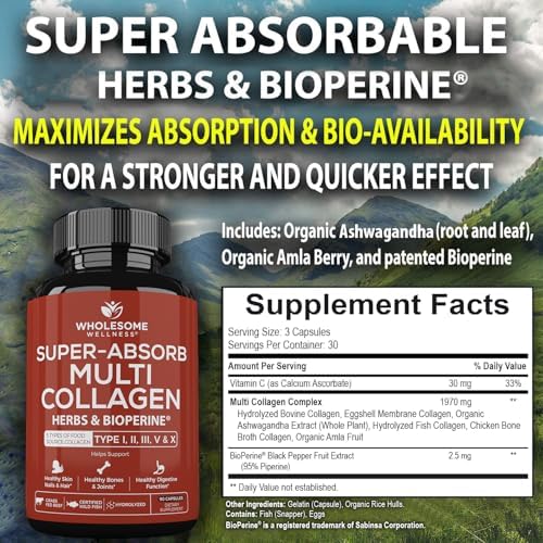 Wholesome Wellness Super-Absorb Multi Collagen Pills (Type I II III V X) Organic Herbs & Bioperine - Hair, Skin