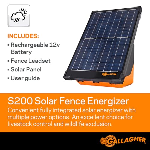Gallagher S200 Solar Electric Fence Charger | 2.0 Joule Solar Powered Fence Energizer | Two Power Modes for Wildlife Deterrence and Livestock