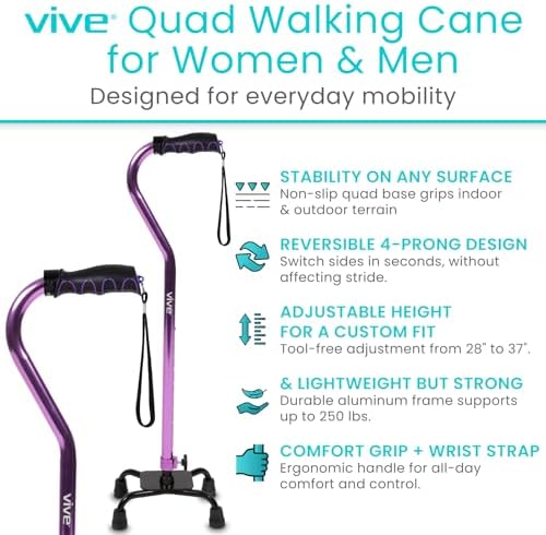 Vive Quad Cane - Walking Stick for Men and Women - Lightweight Adjustable Staff - Comfortable Right and Left Hand Grip for Stability Support - Four Prong Sturdy Aluminum Travel Aid - 4 Tip Blue | Senior 4 Prong Walking Stick for Stability & Balance- Righ…