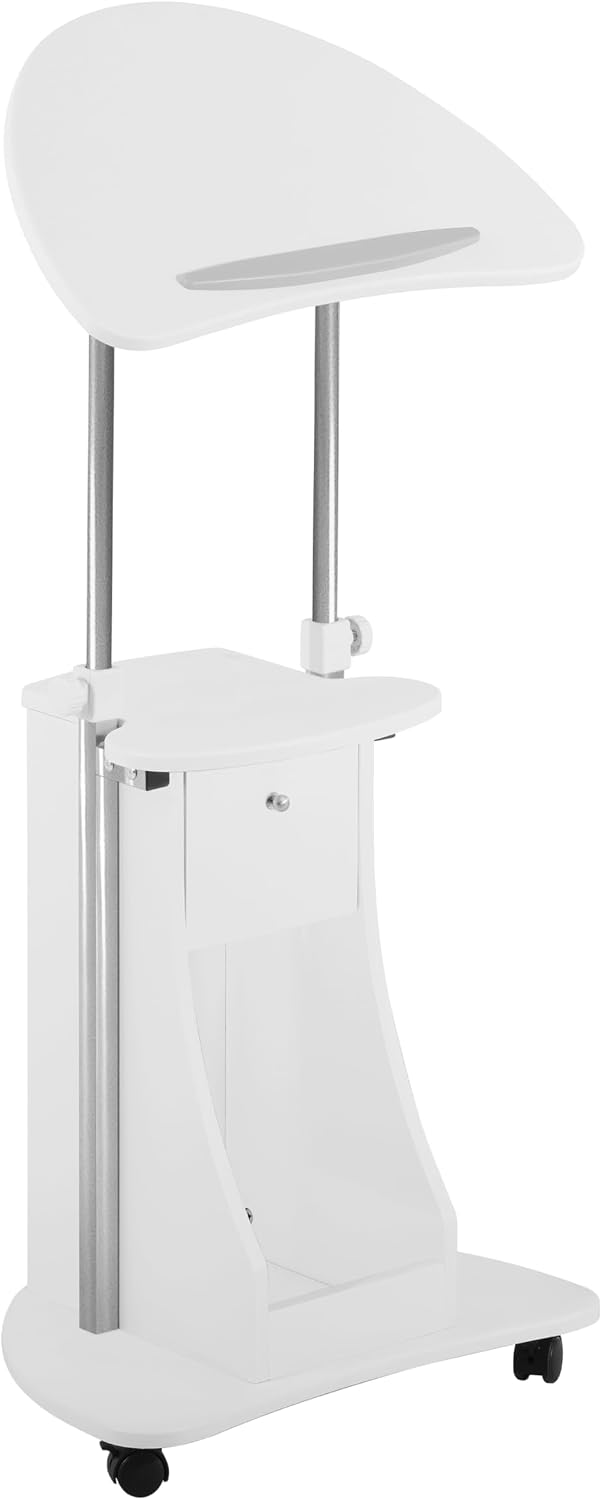 Techni Mobili Adjustable Height Rolling Laptop Cart with Storage, Graphite | Adjustable height rolling laptop cart with storage drawer, open shelf, wheels, sit‑stand design for office or medical use