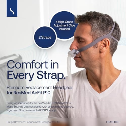 Snugell Headgear Strap Replacement for CPAP Masks, 2-Pack - Compatible with ResMed AirFit P10 - Premium Elastic, Durable - Gray - 4 Adjustment Clips