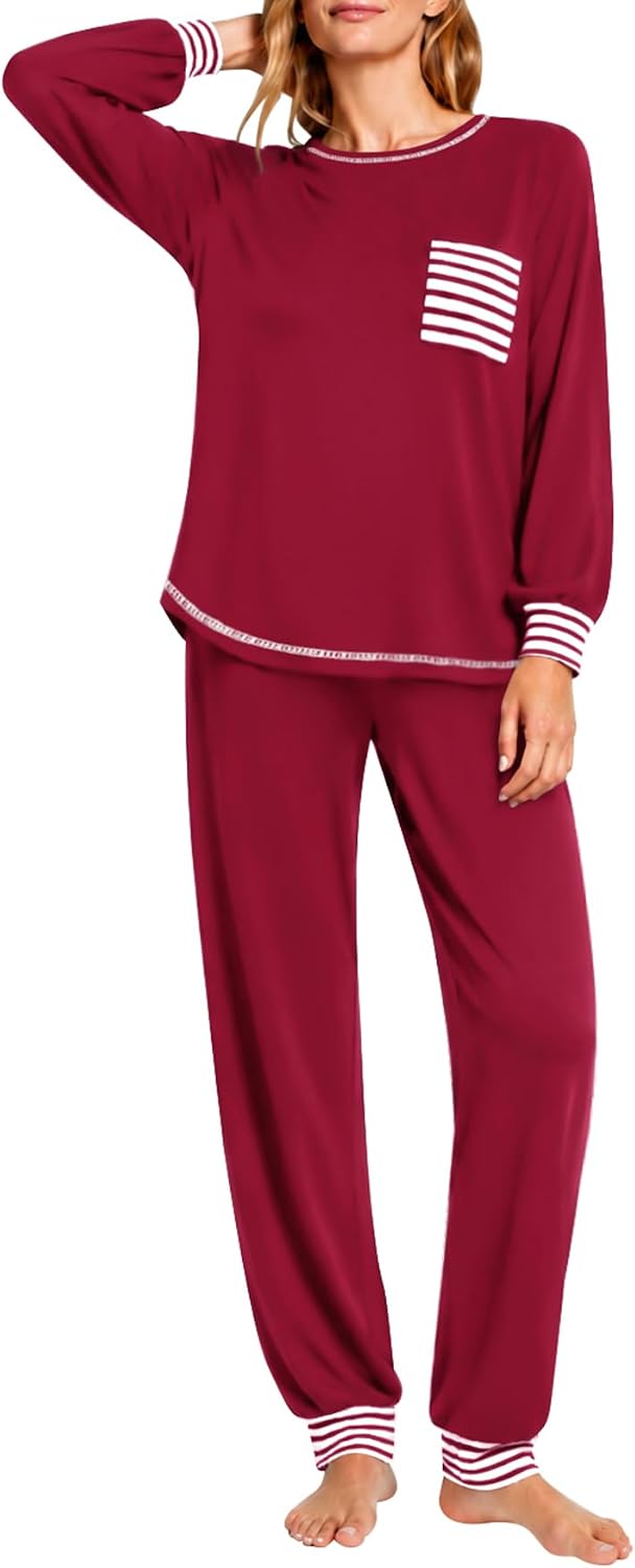 SWOMOG Women’s Pajamas Set Long Sleeve Sleepwear with Long Pants Soft Modal Loungewear Pj Set