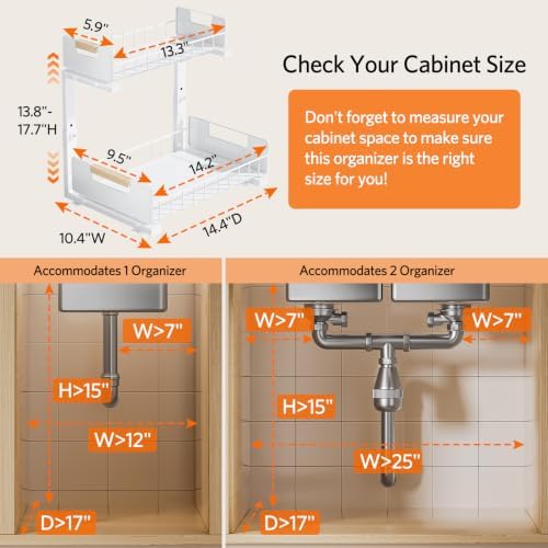 Delamu Under Sink Organizer Kitchen, 2-Tier Pull-Out Cabinet Shelf, 2-Pack | 2-Tier Smooth Slide, 5 Adjustable Heights, Anti-Tip Suction Cups