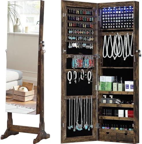 GISSAR Jewelry Organizer Full Length Mirror Jewelry Cabinet Standing/Wall/Hanging Door Jewelry Armoire Storage with Lights, Lockable, White