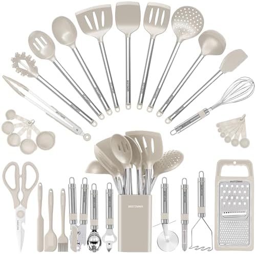 Kitchen Utensil Set-Silicone Cooking Utensils-33 Kitchen Gadgets & Spoons for Nonstick Cookware-Silicone and Stainless Steel Spatula Set-Best