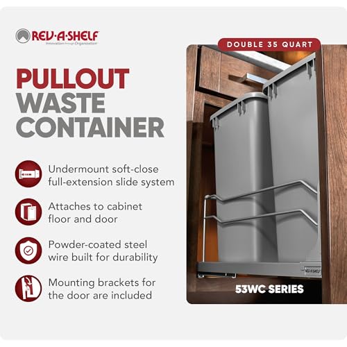 Rev-A-Shelf Double Pullout Trash Can w/Soft-Close Slides, 14.5" Min Opening | Large Capacity Garbage/ Recycling Waste Bins for Under Kitchen Cabinets, Heavy Gauge Wire Construction, 53WC-1835SCDM-217