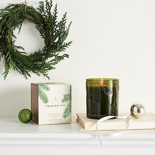 Thymes Frasier Fir Candle - Molded Green Glass Jar with Pine Needle Design - Winter Candle Gifts for Women & Men - Fresh Home Fragrance - Notes of